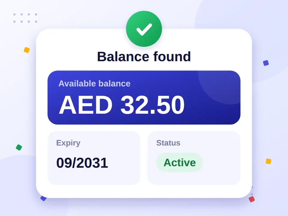 Home 8 Result screen showing available balance, expiry and card status